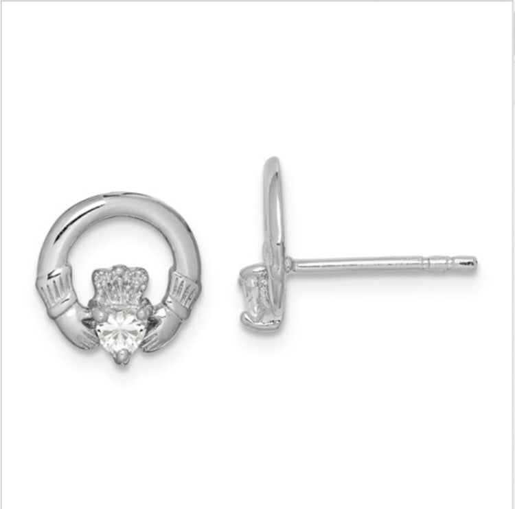 Sterling Silver CZ Claddagh Post Earrings