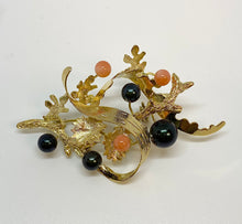 Load image into Gallery viewer, Coral and Black Pearl Gold Brooch