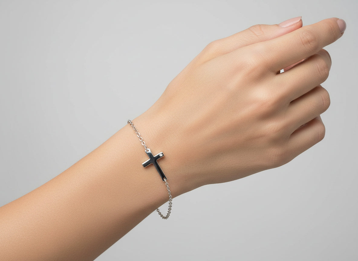 Sterling Silver Side Cross Bracelet