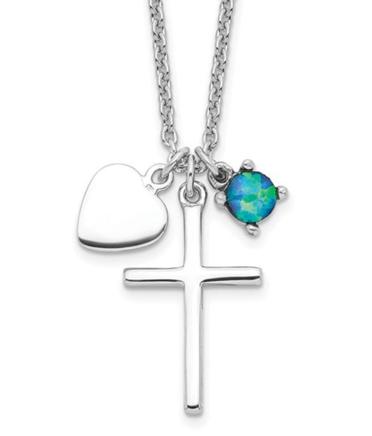 Sterling Silver Created Blue Opal Cross Necklace