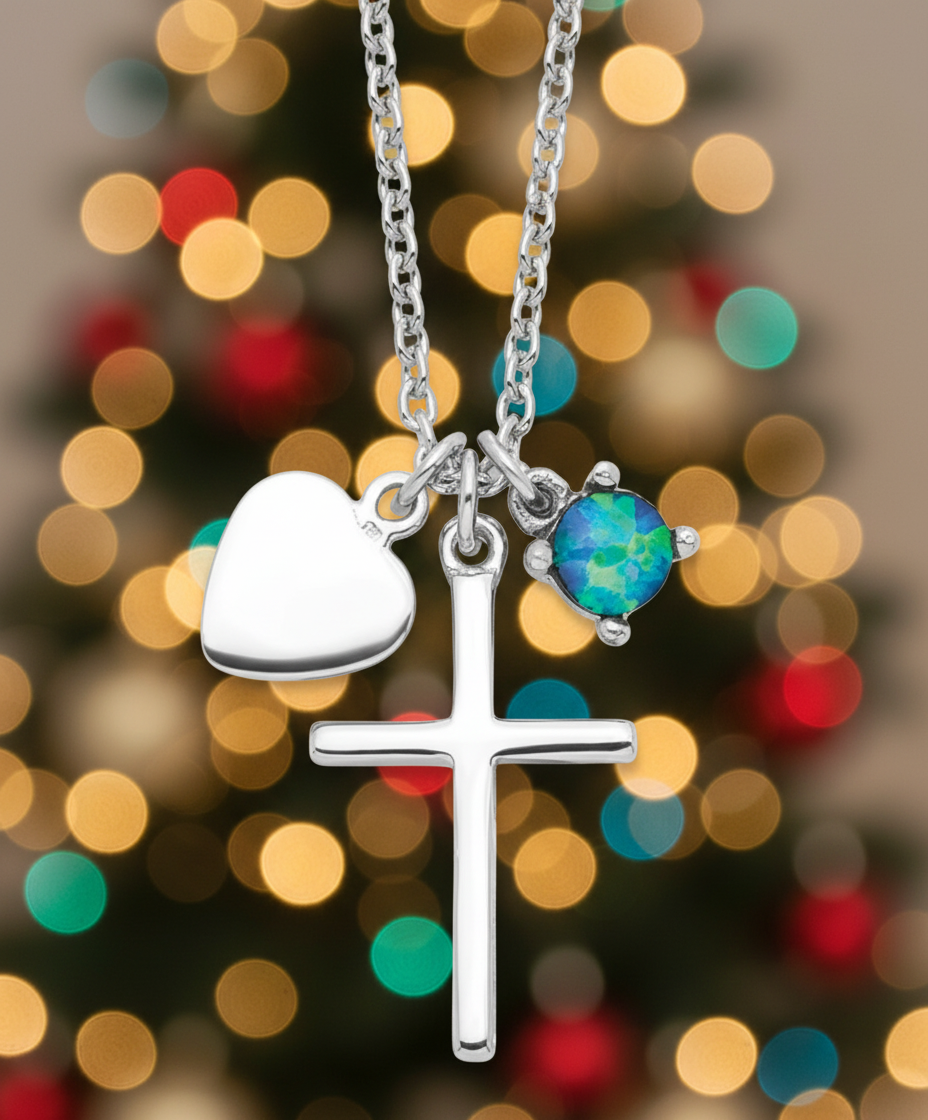 Sterling Silver Created Blue Opal Cross Necklace