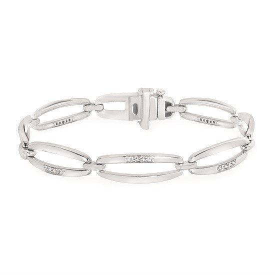 Silver bracelet with diamond accents on a white background