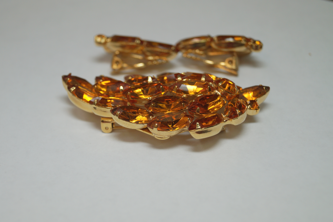 Orange Leaf Rhinestone Brooch | Earrings set