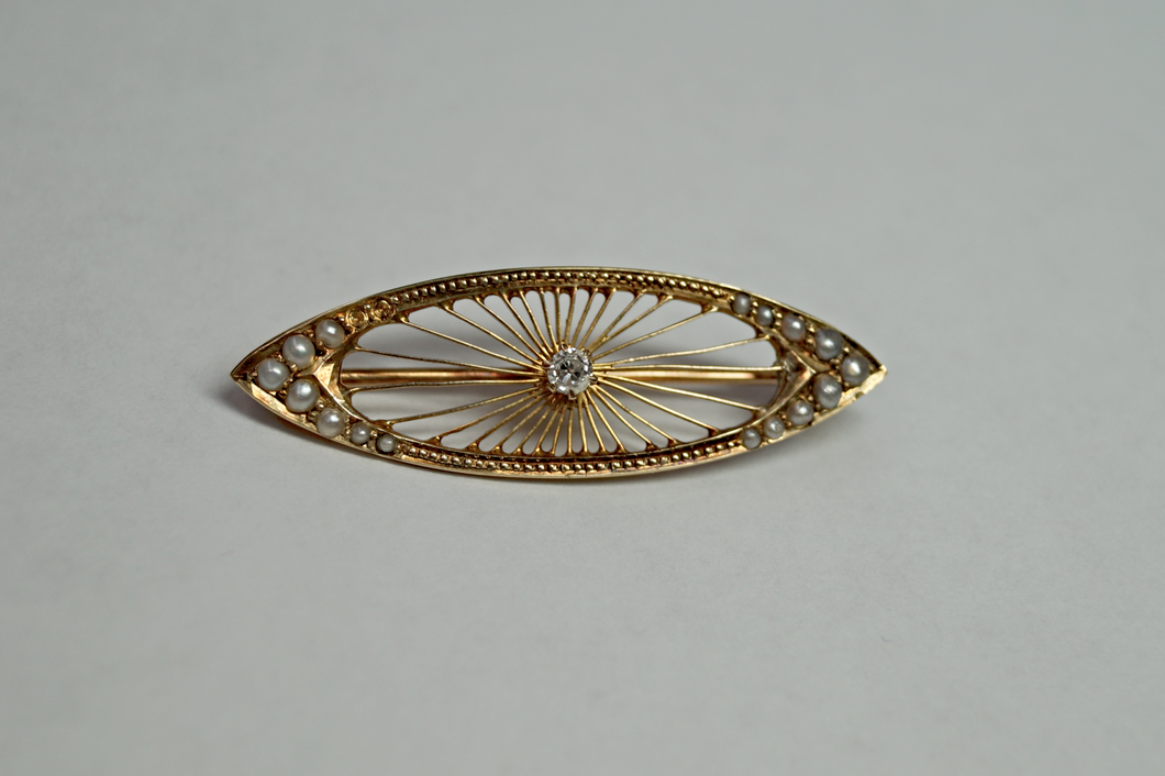 14K Gold Seed Pearl & Diamond Pin