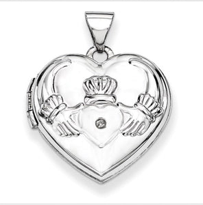 14k White Gold Diamond Heart-Shaped Claddagh Locket