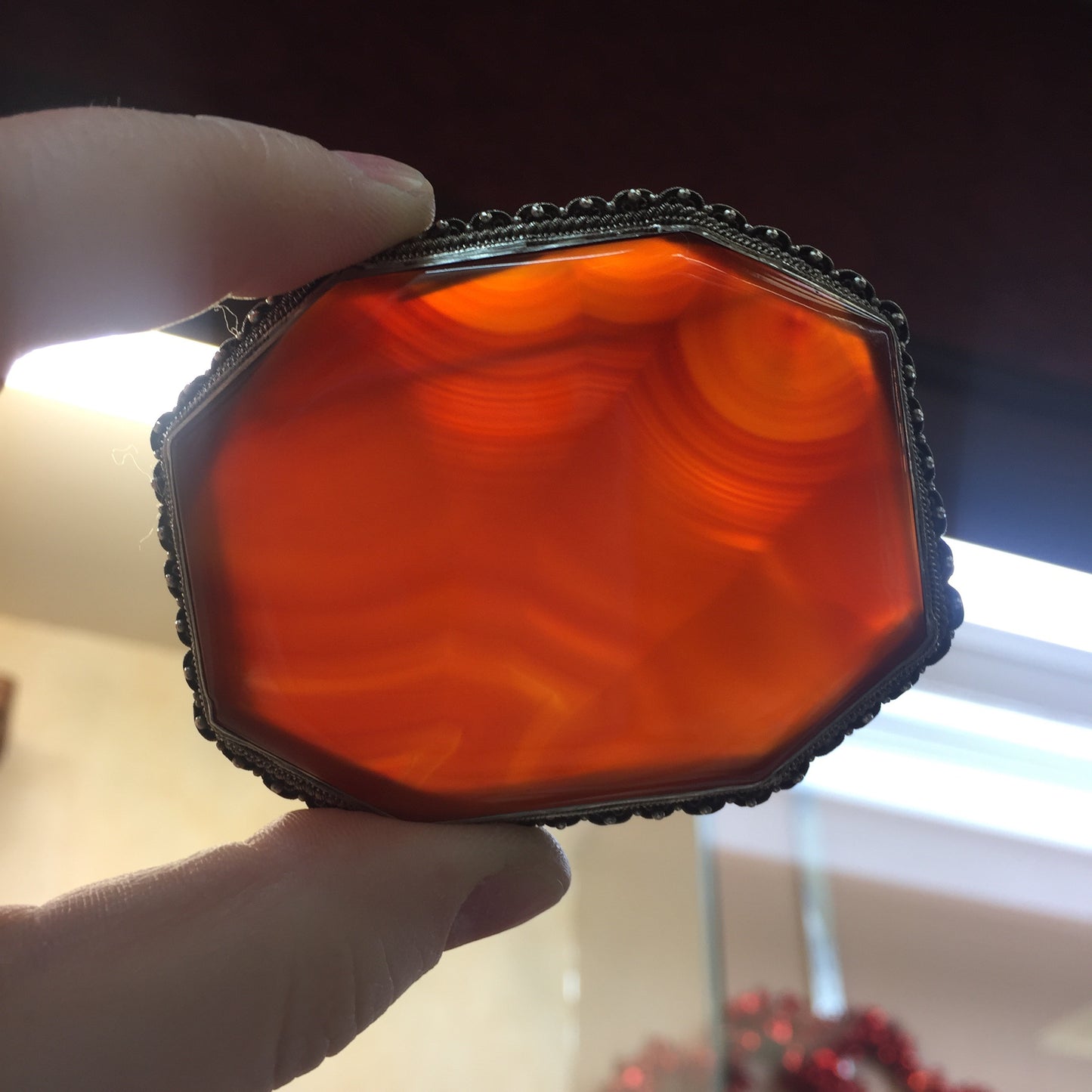 Red/Orange Striped Agate Slice Vintage Brooch