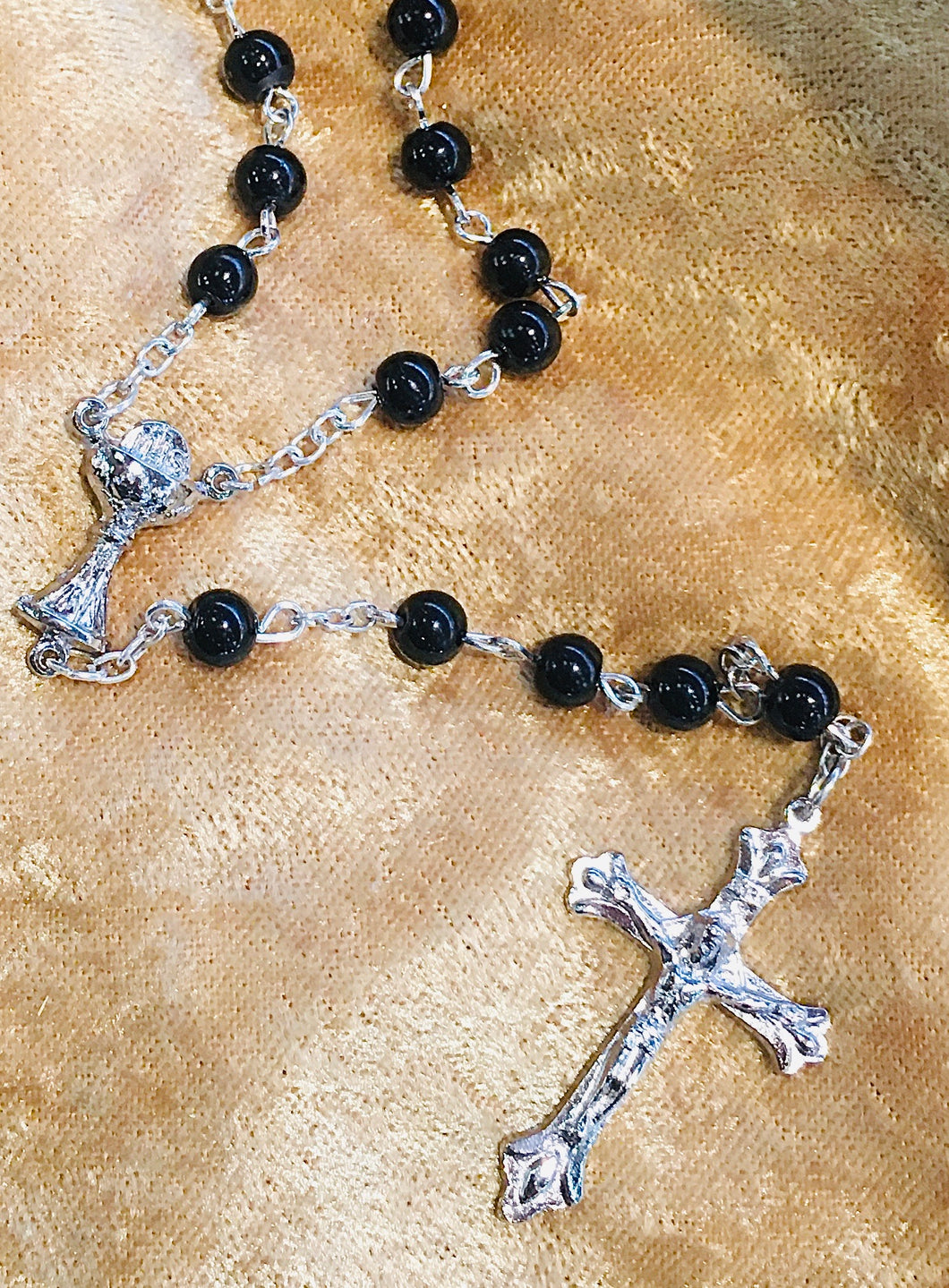 Black Glass Bead Rosary With Chalice