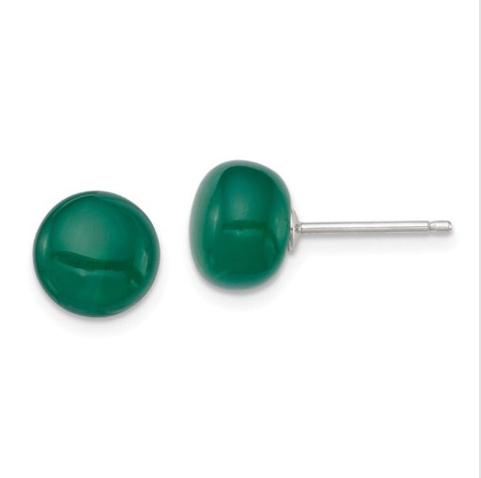 Sterling Silver 8-8.5mm Button Emerald Green Agate Post Earrings