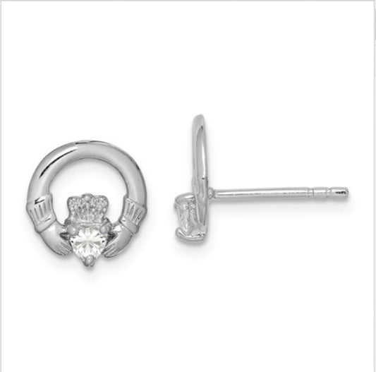 Sterling Silver CZ Claddagh Post Earrings