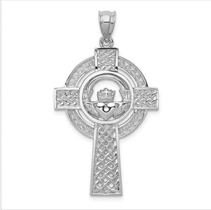 14k White Gold Celtic Claddagh Cross Pendant