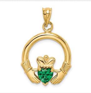 14k Claddagh With Synthetic Green Stone Pendant