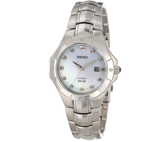 Women’s Silver-Tone Mother of Pearl Dial Solar Seiko Watch