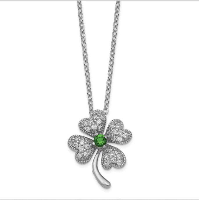 Simulated Emerald & CZ 4-Leaf Clover Necklace