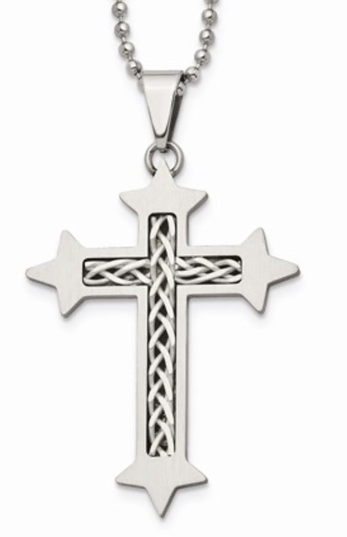 Stainless Steel with Sterling Silver Inlay Cross Necklace