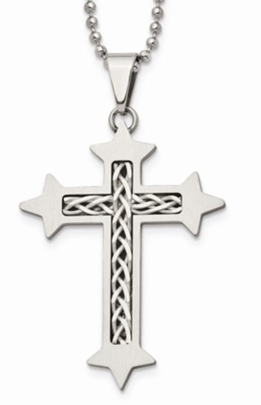 Stainless Steel with Sterling Silver Inlay Cross Necklace