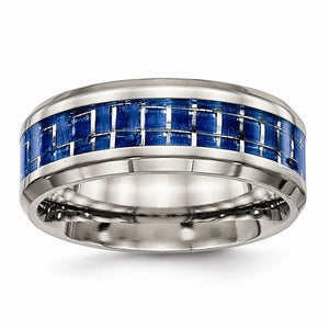 Titanium Polished Blue/White Carbon Fiber Inlay Ring