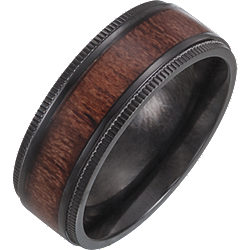 Men's Black Titanium Wedding Band with Teak Wood Inlay